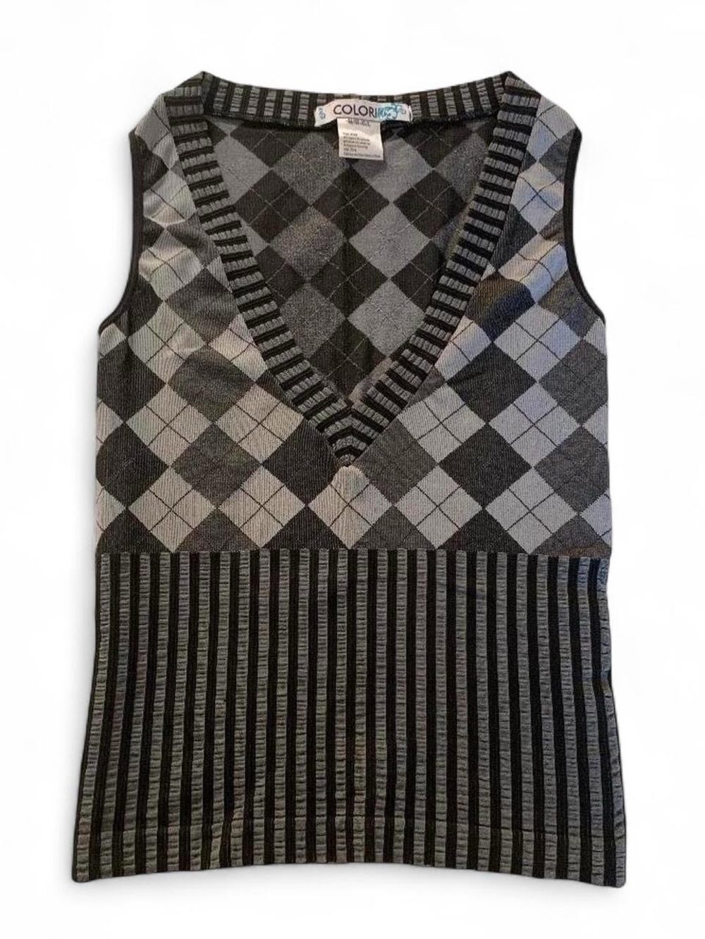 Colori Y2K Grey Argyle Checker & Stripe Print V-Neck Vest Top Size M-L